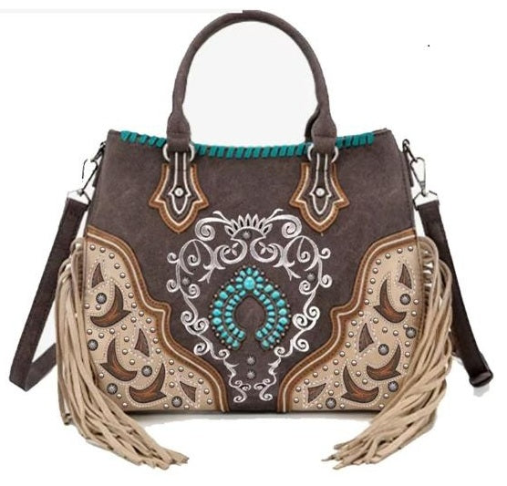 Tan Purse with Turquoise and Fringe