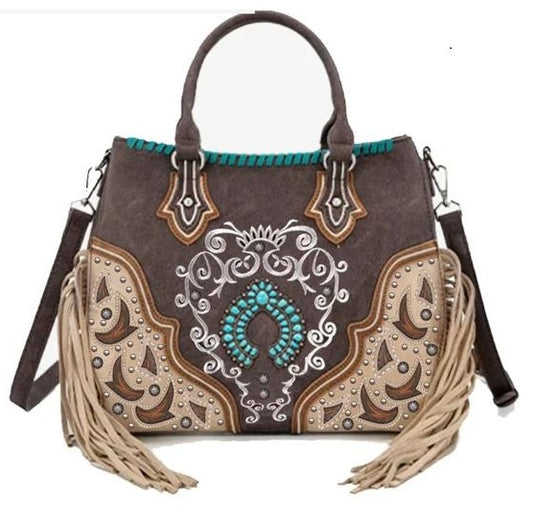 Tan Purse with Turquoise and Fringe